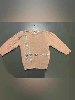 Vintage Peach Crewneck Sweater with Floral Ribbon Accents
